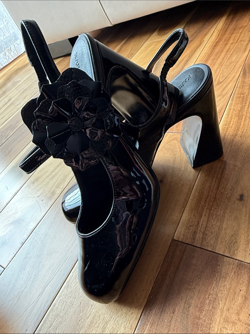 Karl Lagerfeld Black Patent Mary Jane Heels with Floral Accent